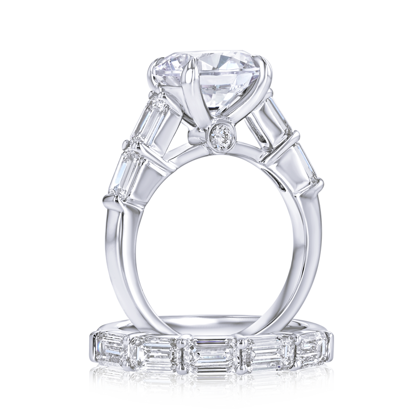 Emerald-Cut Band Round Engagement Ring - Marvels Co.