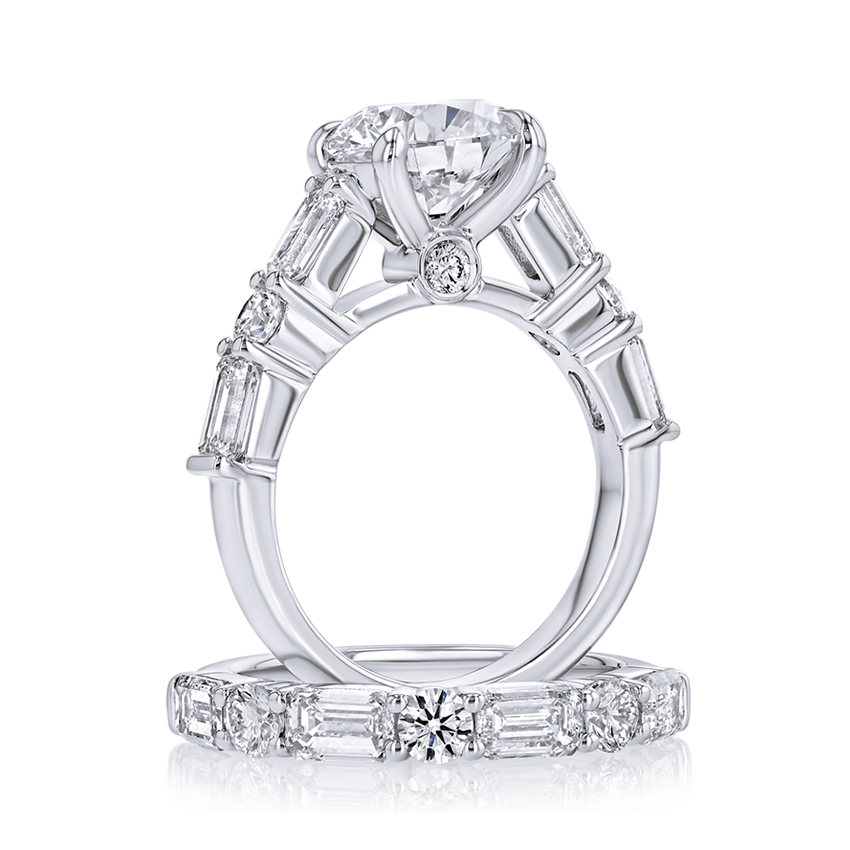 Round & Emerald-Cut Band Engagement Ring - Marvels Co.