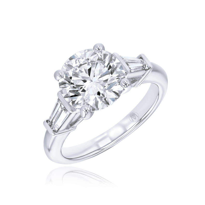 Round Diamond Ring with Single Baguette Sides - Marvels Co.