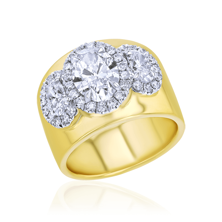 Oval 3-Stone Halo Wide Band Ring - Marvels Co.